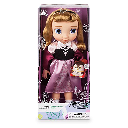 Disney Store: muñeca de Princesa niña Coleccionable de La Bella Durmiente (colección Animators), Aurora, 39 cm, Pelo enraizado y Traje realistas, Peluche de búho en Raso Acolchado, Mayores de 3 años