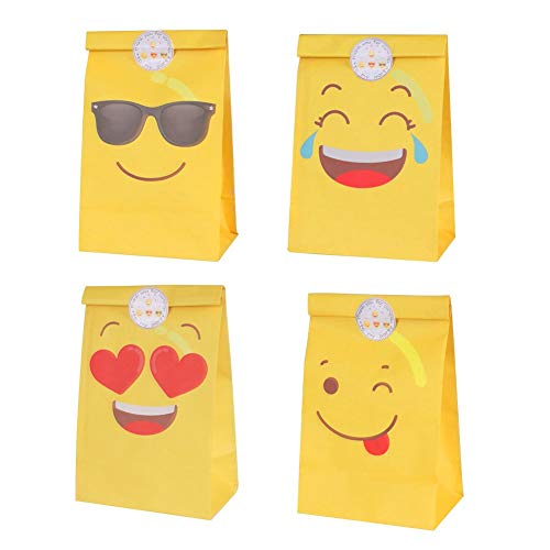 DISOK Lote de 12 Bolsas de Regalo Infantiles para Niños EMOTICONOS con Cierre Adhesivo Pegatina 22 x 12 cm - Bolsas Baratas Originales de Papel para Caramelos, Detalles y Regalos