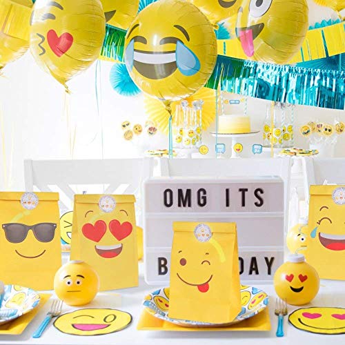 DISOK Lote de 12 Bolsas de Regalo Infantiles para Niños EMOTICONOS con Cierre Adhesivo Pegatina 22 x 12 cm - Bolsas Baratas Originales de Papel para Caramelos, Detalles y Regalos