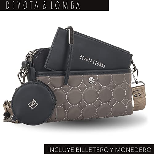 D&L DEVOTA & LOMBA Bolso Bandolera para Mujer. Bolsos de Mujer Bandolera. Incluye Monedero y Billetero a Juego. Cremallera. Idea Regalo. Bolsos para Diario. 23 x 6 x 17 cm. Bubble 970 Color Taupé