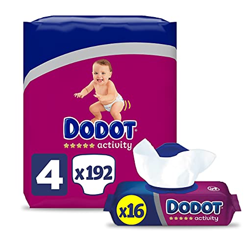 Dodot Pañales Bebé Activity Talla 4 (9-14 kg), 192 Pañales con Ajuste Más Resistente + Toallitas Activity, 16 Paquetes (16x54), Recuperan el pH Natural de la Piel