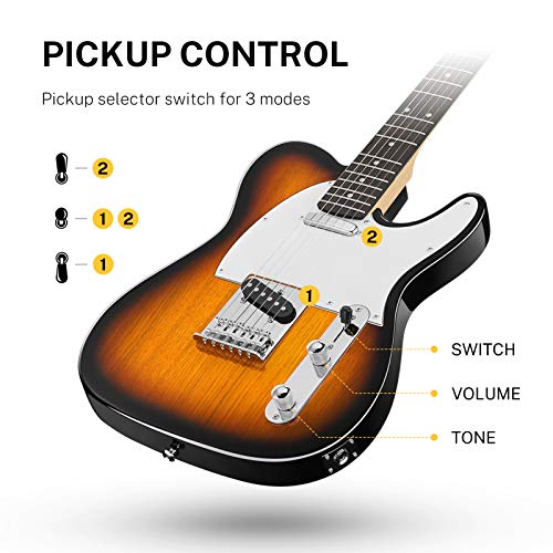 Donner Kit Guitarra Eléctrica Tamaño Completo Guitarra Electrica Telecaster 39 Pulgadas con Bolsa, Correa, Cable (Sunburst, DTC-100S)