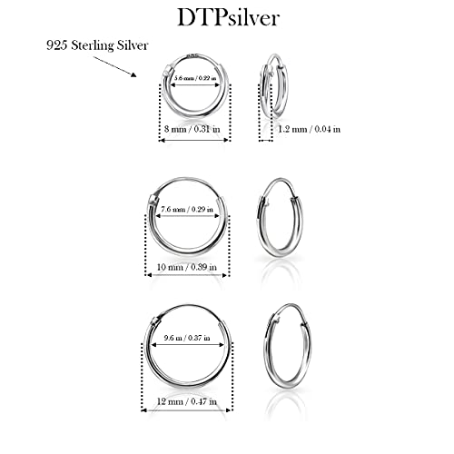 DTPsilver® 3 Pares de Pendientes de Aro/Creoles Muy Pequeños - Plata 925 - Espesor 1.2 mm, Diámetro 8, 10, 12 mm