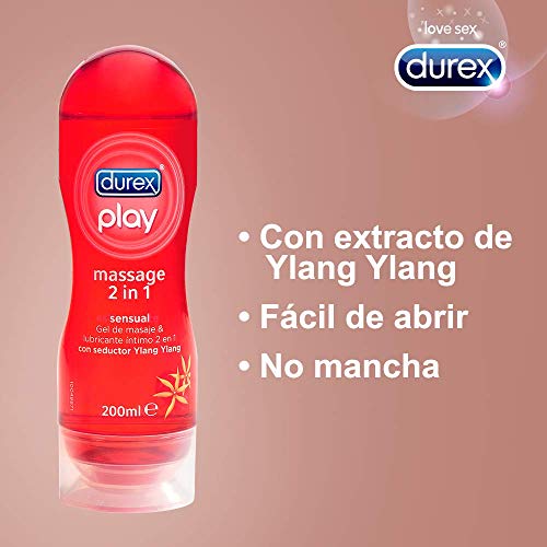 Durex Lubricante Play Massage 2 en 1 Gel de Masaje Corporal Erótico y Estimulante Ylang-Ylang y Aloe Vera, 2 x 200 ml - Total : 400 ml