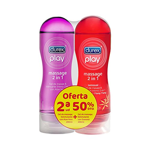 Durex Lubricante Play Massage 2 en 1 Gel de Masaje Corporal Erótico y Estimulante Ylang-Ylang y Aloe Vera, 2 x 200 ml - Total : 400 ml