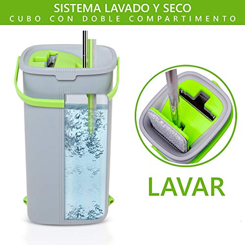 EasyGleam Cubo y Mopa Fregona - Mopa Microfibra, Mango de Acero Inoxidable, Innovador Cubo Doble Compartimento Mojado/Seco – 2 Repuestos Mopa Reutilizables Incluidos, para Todo Tipo de Suelos