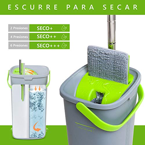 EasyGleam Cubo y Mopa Fregona - Mopa Microfibra, Mango de Acero Inoxidable, Innovador Cubo Doble Compartimento Mojado/Seco – 2 Repuestos Mopa Reutilizables Incluidos, para Todo Tipo de Suelos