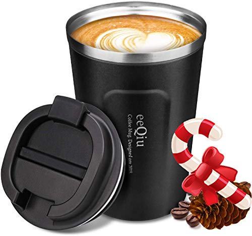 eeQiu Taza de café para Llevar 13oz 100% a Prueba de Fugas - Taza de Viaje de Acero Inoxidable - Taza de automóvil de Doble Pared Tapa de Aislamiento Taza de café Reutilizable ecológica (Negro)