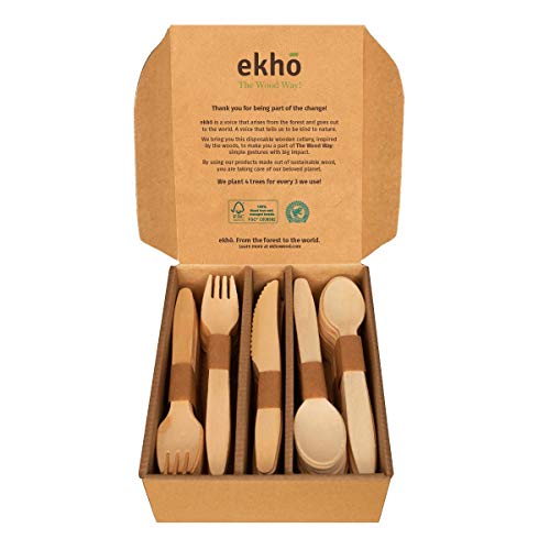 ekhõ The Wood Way! – 100 Cubiertos Desechables Biodegradables de Madera Sostenible | 40 tenedores + 40 cucharas + 20 cuchillos | Cubiertos para Llevar Ecológicos y Compostables