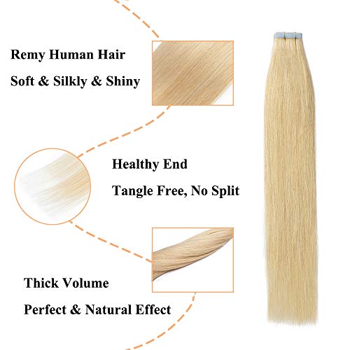 Elailite Extensiones Adhesivas Pelo Natural Rubias sin Clip Tape Invisible 100% Remy Cabello Humano 20 Mechas Lisas Largas 30g 35cm #24 Rubio Natural