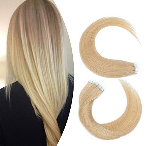 Elailite Extensiones Adhesivas Pelo Natural Rubias sin Clip Tape Invisible 100% Remy Cabello Humano 20 Mechas Lisas Largas 30g 35cm #24 Rubio Natural