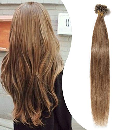 Elailite Extensiones de Queratina Pelo Natural 1g Cabello Humano 100% Remy sin Clip U Tip Keratina 50 Mechas 50g - 45cm #06 Castaño Claro