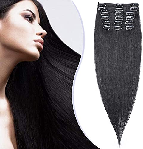 Elailite Extensiones Pelo Natural Clip Consejos Completos 8 Piezas Lisas Largas 55cm 85g 100% Remy Cabello Humano #01 Negro Oscuro