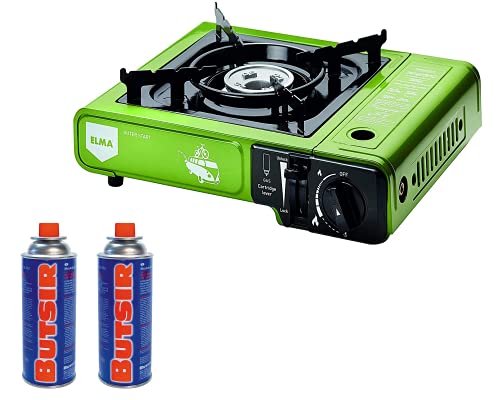 ELMA- Promoción Pack camping gas DUAL verde + 2 cartuchos de gas. Cocina a gas portátil DUAL OUTER START(opción cartuchos y bombona), 2 cartuchos de gas compatibles con el hornillo.