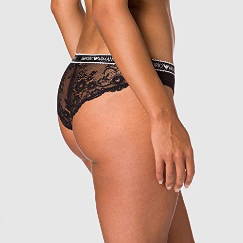 Emporio Armani Calzoncillo brasileño con Encaje de algodón sostenible Briefs, Negro, XL para Mujer