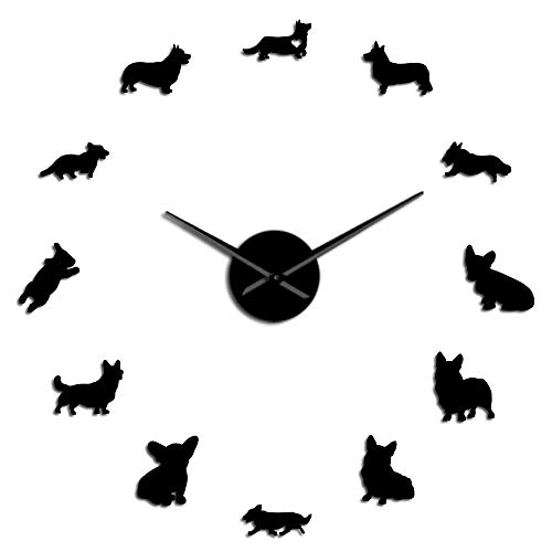 English Welsh Corgi DIY Reloj de Pared Grande Efecto Espejo Sin Marco Cachorro Razas de Perros Arte de la Pared Tienda de Mascotas Reloj Decorativo Reloj de Pared Geeks Far Away from Home Merchandise