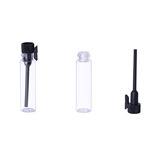 Enslz 100 unidades de muestras de perfume, mini botellas con tapa negra, botellas de cristal vacías con cuentagotas para viajes y fiestas (1 ml)