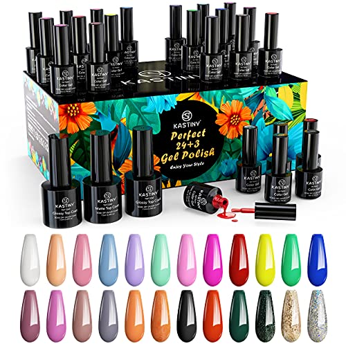 Esmaltes Semipermanentes, Kastiny 24 Colores Purpurina Arcoíris Colección Pintauñas Semipermanente con Base, Capa Superior Brillante y Mate, Uñas Gel UV LED para Navidad y Año Nuevo