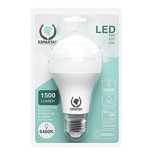 Espartan - Bombillas LED E27 Luz Fría Bola 15W, 6400K, 1500 lúmenes, Equivalente a 100W Bombilla Incandescente Halógena, Bombilla LED E27 Blanco Frío, Rosca Casquillo Gordo, Bombilla E27 - Pack de 3