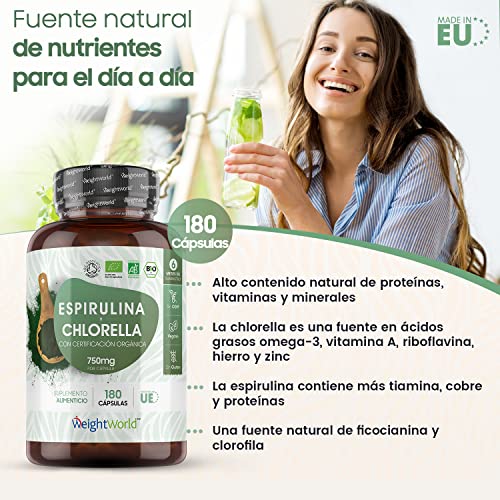 Espirulina y Chlorella Orgánica 180 Cápsulas Vegano - Suplemento Natural y Ecológico de Espirulina y Chlorella de 750mg por Cápsula, Superalimento Potente Fuente de Proteínas Minerales Vitaminas