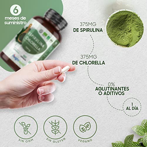 Espirulina y Chlorella Orgánica 180 Cápsulas Vegano - Suplemento Natural y Ecológico de Espirulina y Chlorella de 750mg por Cápsula, Superalimento Potente Fuente de Proteínas Minerales Vitaminas