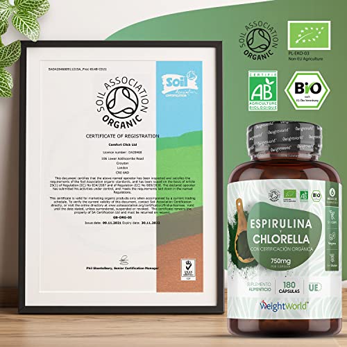 Espirulina y Chlorella Orgánica 180 Cápsulas Vegano - Suplemento Natural y Ecológico de Espirulina y Chlorella de 750mg por Cápsula, Superalimento Potente Fuente de Proteínas Minerales Vitaminas