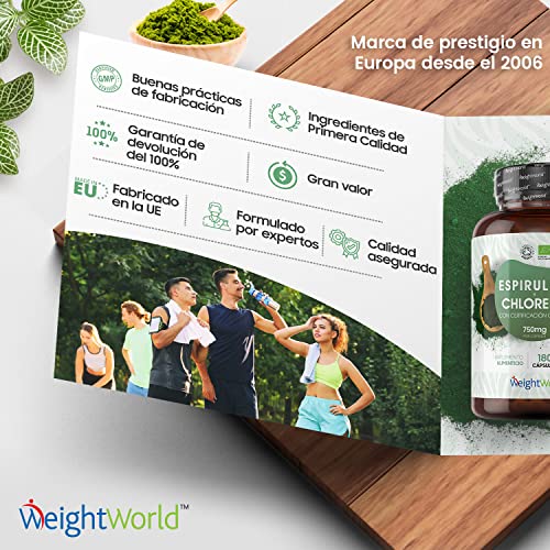 Espirulina y Chlorella Orgánica 180 Cápsulas Vegano - Suplemento Natural y Ecológico de Espirulina y Chlorella de 750mg por Cápsula, Superalimento Potente Fuente de Proteínas Minerales Vitaminas