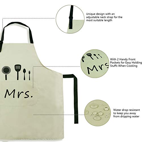 ETLEE Mr. & Mrs Delantal De Cocina , Con Correa Para El Cuello Ajustable y 2 Bolsillos, Se Puede Utilizar Para Barbacoa De Restaurante Jardín Jardín Masculino y Femenino (Negro & Beige )