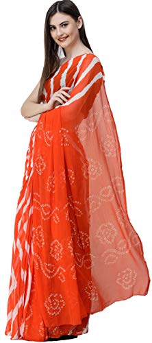 Exotic India Leheriya Sari de Jaipur con el tinte de lazo Bandhani en Pallu - naranja - Talla única