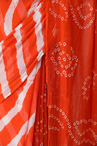 Exotic India Leheriya Sari de Jaipur con el tinte de lazo Bandhani en Pallu - naranja - Talla única