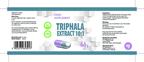 Extracto de Trifala 10:1 (4500mg Equivalente) 120 Cápsulas Veganas, limpieza y desintoxicación de colon, alta potencia