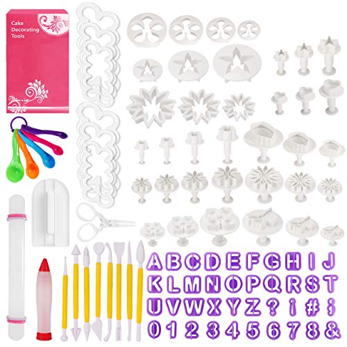 Familybox Cortador Fondant, 99 Piezas Decoración Kit de Moldes Fondant Icing para Galletas, Pasteles y Tartas con Letras, Números, Flores, Alisador, Rodillo, Herramientas de Modelado