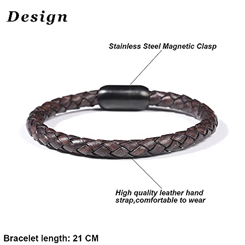 FANCIME Hombre Cuero Genuino Pulsera Color Marrón con Cierre Magnético Regalo de Joyería para Hombre Niños - Longitud 21CM