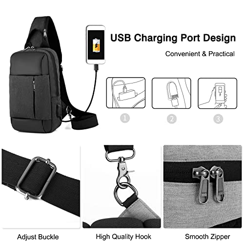 FANDARE Ultraligero Bolso Pecho Casual Sling Crossbody Bag con USB Hombre Mujer Bolsos Cruzados Bandoleras Cruzada Mochilas Bolsas de automoción Viaje Deportes Ciclismo Montañismo Daypacks Negro