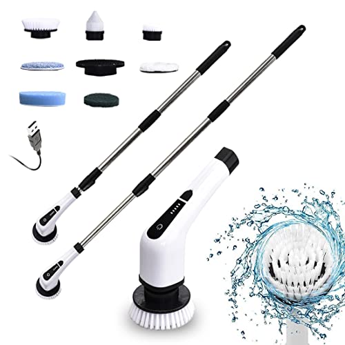 FARI Spin Scrubber Eléctrico, Cepillo de Limpieza Eléctrico con 7 Cabezales de Cepillo y Barra de Extensión, para Bañera,Azulejo,Piso, Pared de Baño y Cocina