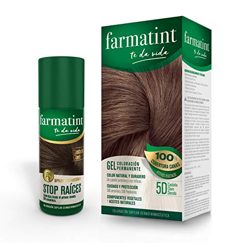 Farmatint Tinte permanente 5D Castaño Claro Dorado 135 ml + Spray Instantáneo Capilar Stop Raíces, Color Castaño Claro - 75 ml