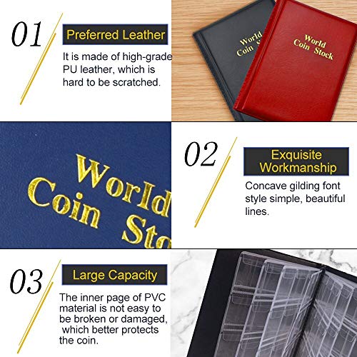 FAVENGO 3 Pcs Album Monedas Coleccion Libro para Coleccionar Monedas 360 Bolsillos Libros de Monedas Fundas Numismatica Monedas Hojas para Monedas Funda Estuche Cuero para Monedas 2 Euros Centavos