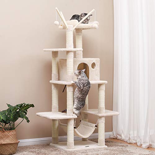 FEANDREA Árbol para Gatos, Rascador con Nidos, Hamaca, Plataformas y Bolas de Juego, 154 cm, Colores Opcionales, Beige PCT86M