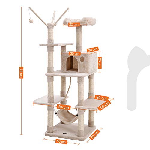 FEANDREA Árbol para Gatos, Rascador con Nidos, Hamaca, Plataformas y Bolas de Juego, 154 cm, Colores Opcionales, Beige PCT86M