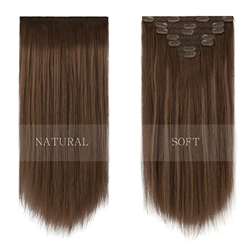 FESHFEN Extensiones Clip Pelo Natural, 100% Remy Humano Postizos de Cabello 7 Piezas 16 Clips Extensiones de Clip de Pelo Castaño a Rubio Caramelo Clip in Hair Extensions, 35cm 110g