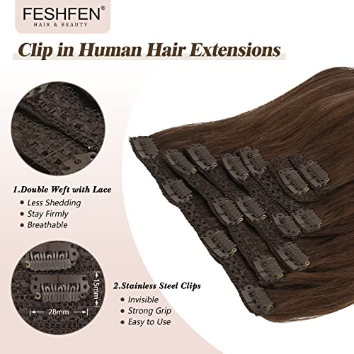 FESHFEN Extensiones Clip Pelo Natural, 100% Remy Humano Postizos de Cabello 7 Piezas 16 Clips Extensiones de Clip de Pelo Castaño a Rubio Caramelo Clip in Hair Extensions, 35cm 110g