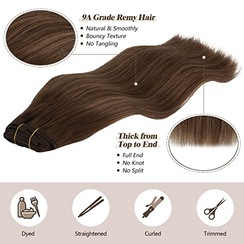 FESHFEN Extensiones Clip Pelo Natural, 100% Remy Humano Postizos de Cabello 7 Piezas 16 Clips Extensiones de Clip de Pelo Castaño a Rubio Caramelo Clip in Hair Extensions, 35cm 110g