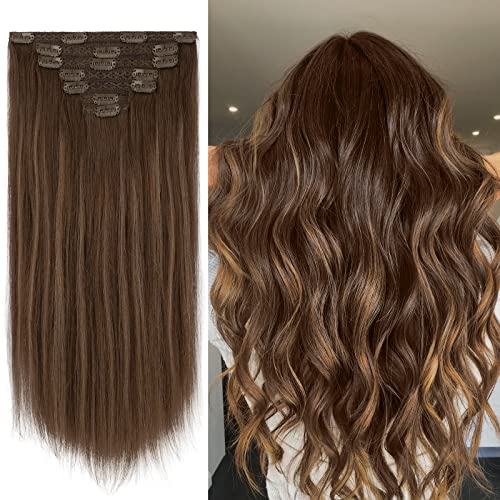 FESHFEN Extensiones Clip Pelo Natural, 100% Remy Humano Postizos de Cabello 7 Piezas 16 Clips Extensiones de Clip de Pelo Castaño a Rubio Caramelo Clip in Hair Extensions, 35cm 110g