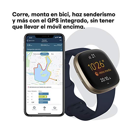 Fitbit Versa 3 - Smartwatch de salud y forma física con GPS integrado, análisis continuo de la frecuencia cardiaca, Alexa integrada y batería de +6 días, Azul Medianoche/Dorado