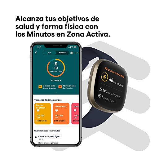 Fitbit Versa 3 - Smartwatch de salud y forma física con GPS integrado, análisis continuo de la frecuencia cardiaca, Alexa integrada y batería de +6 días, Azul Medianoche/Dorado