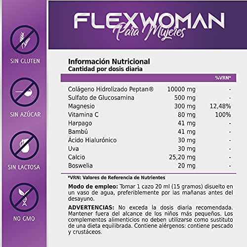 Flexwoman para Mujeres | 10g Colágeno Marino Peptan + Ácido Hialurónico + Vitamina C + Glucosamina + Boswellia | Elimina el dolor | Antiinflamatorio + analgésico | 400g