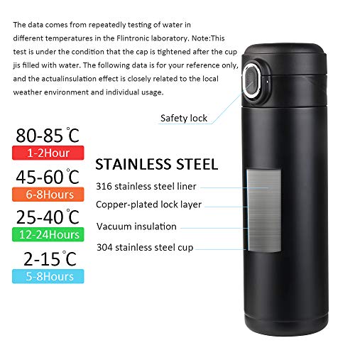 Flintronic Taza de Viaje, 450ml Termo Doble Pared De Aislamiento, Termo de Café, Versión Mejorada Frasco de Vacío de Acero Inoxidabl 316, Pantalla LED Táctil Inteligente con Temperatura, Negro