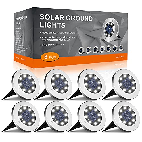 FLOWood (8Pcs) Luz Solar Jardin Decoracion Exterior 8LEDs, Lámpara Solar de Tierra, Impermeable, Acero Inoxidable, Luz suelo para Lawn de Suelo, Entrada de coches, Patios, Caminos, Blanco Luz