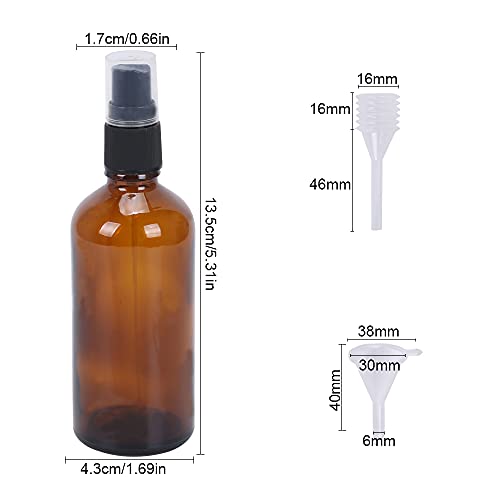 FOGAWA 3pcs Pulverizador Cristal Marrón de 100ml Botellas en Miniatura con Cabezal Pulverizador Bote Spray Botella de Aerosol Vacío Plástico con Embudo y Cuentagotas para Perfumes Masajes y Líquidos