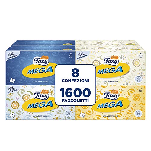 Foxy Mega | Pañuelos en caja | 8 cajas de 200 pañuelos de 2 capas | 4 colores surtidos | Papel 100% certificado FSC® | Paquete 100% reciclable